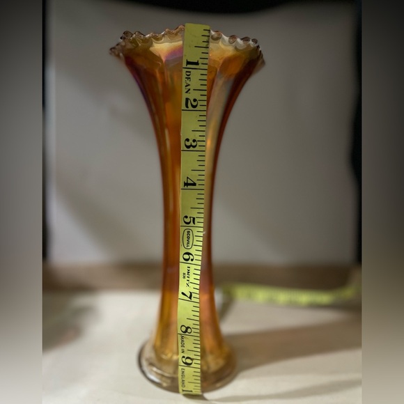 Vintage Jefferson Iridescent Orange Carnival Glass Ribbed Swung 8.25”Vase - Picture 5 of 7